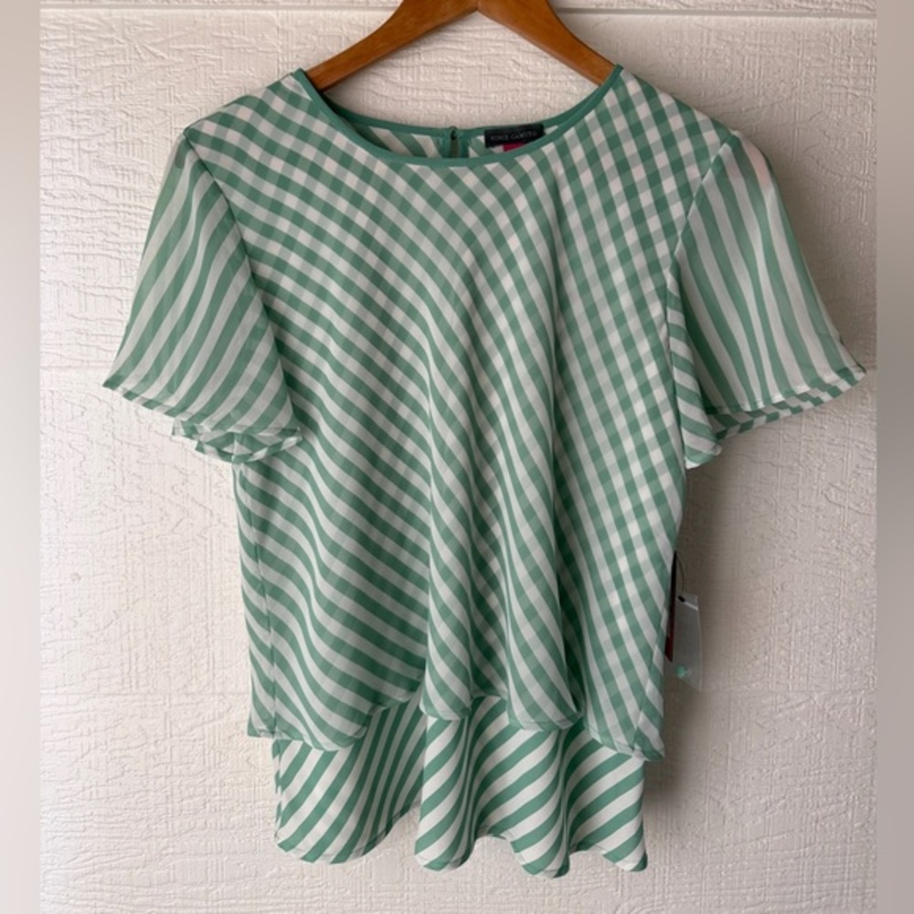 Vince Camuto Green Gingham Flutter Sleeve Top Small NWT